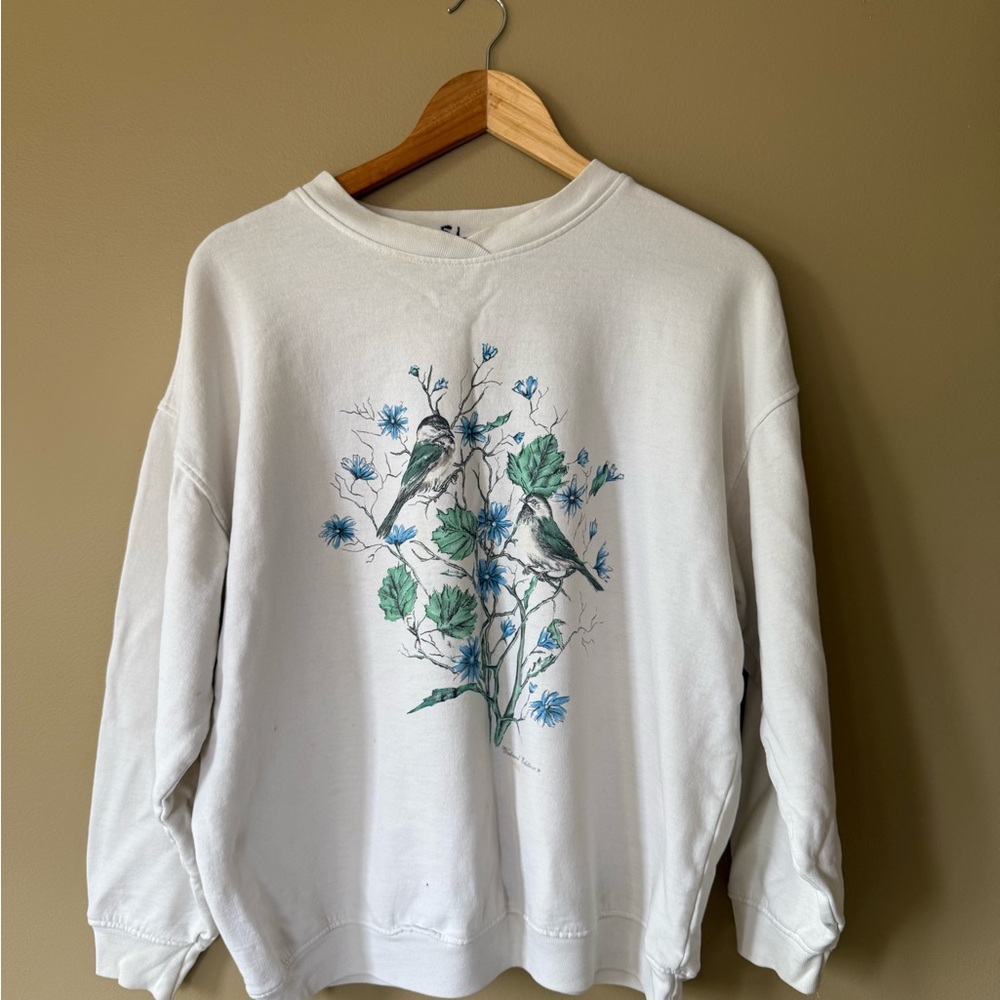 White Sweatshirt with Bird and Floral Design
